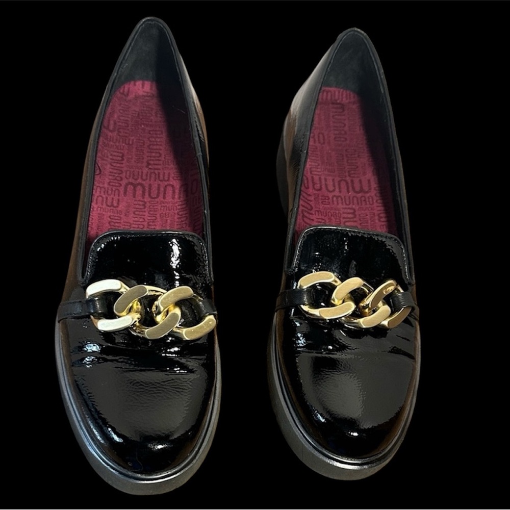 Munro Black Patent Loafers with Gold Accent